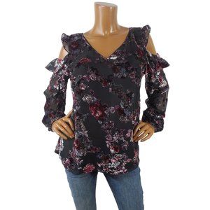 WHITE HOUSE BLACK MARKET Top L/12 Floral Print Blouse Ruffle Cold Shoulder Lined